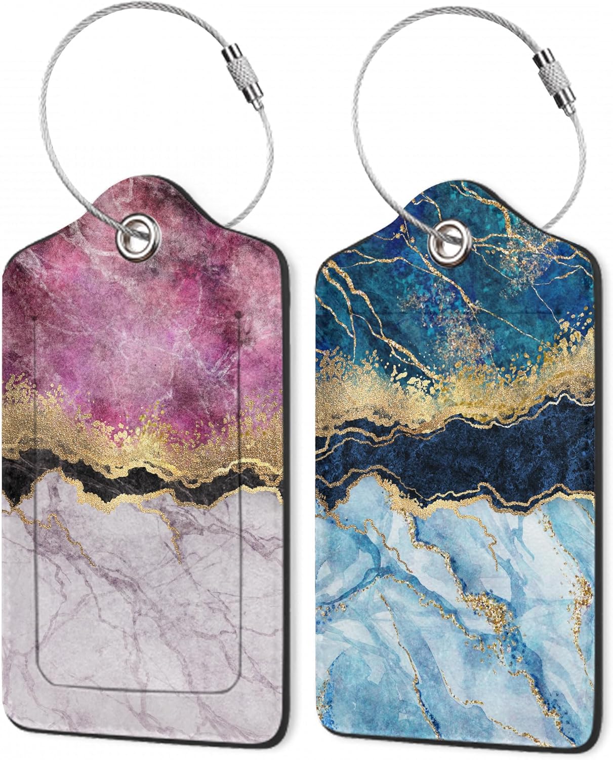 Gold Blue Pink Marble Abstract Luggage Tags,2 Pack Luggage Tag,Leather Privacy Cover ID Label with Stainless Steel Loop for Women Men Kids Girls Travel