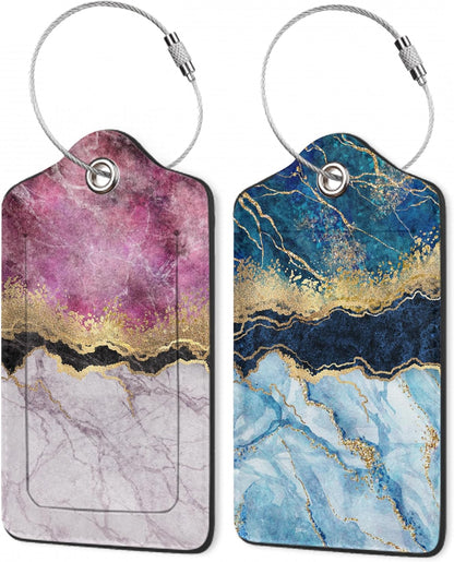 Gold Blue Pink Marble Abstract Luggage Tags,2 Pack Luggage Tag,Leather Privacy Cover ID Label with Stainless Steel Loop for Women Men Kids Girls Travel
