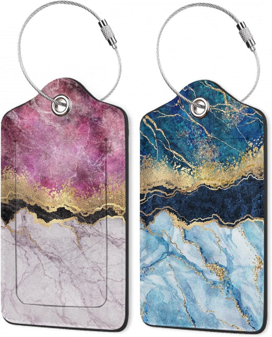 Gold Blue Pink Marble Abstract Luggage Tags,2 Pack Luggage Tag,Leather Privacy Cover ID Label with Stainless Steel Loop for Women Men Kids Girls Travel