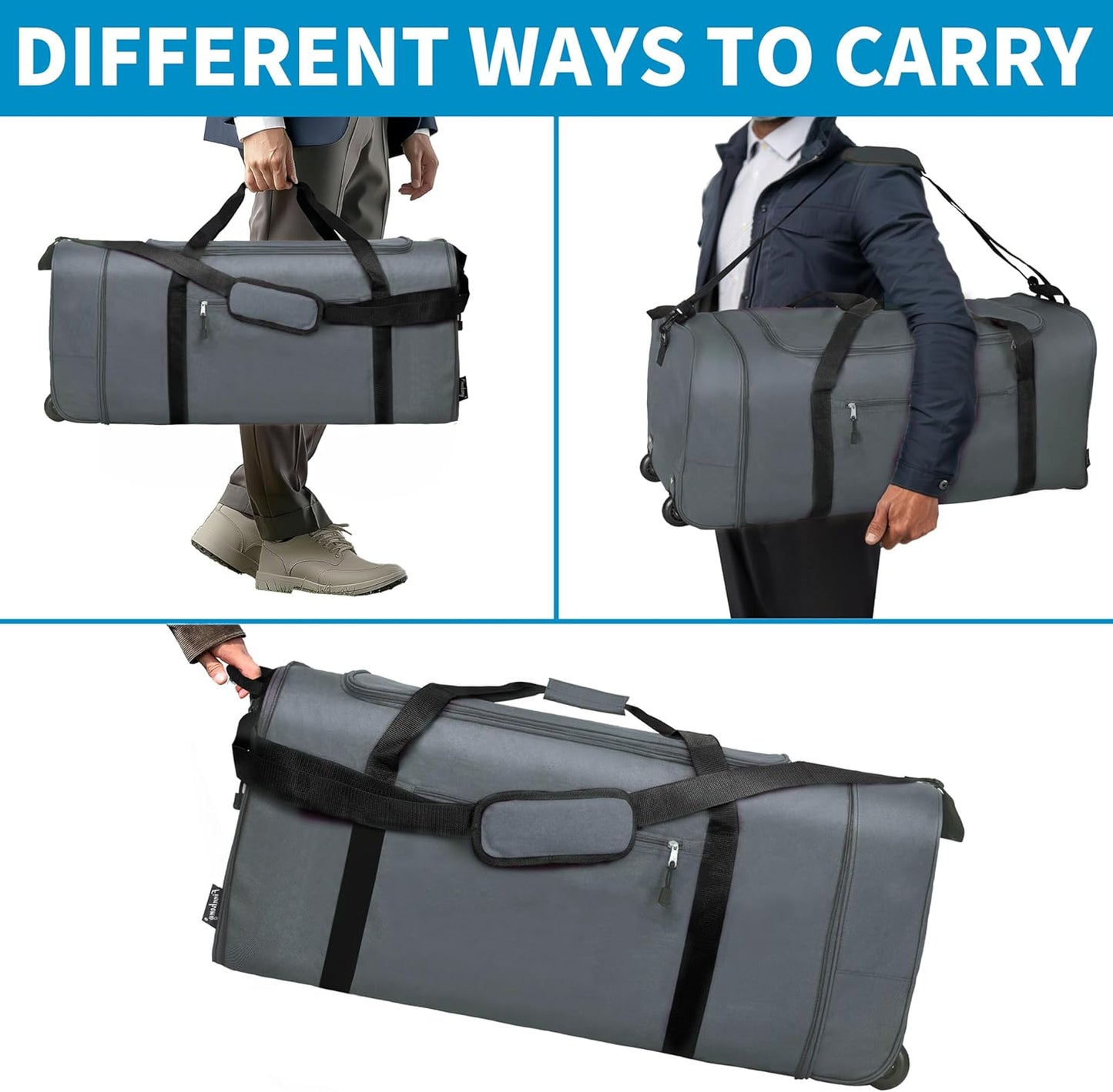 Finnhomy 100L Foldable Rolling Duffel Bag with 2 Wheels, Light Weight Travel Duffel bag with Large Loading Capacity, 32 inch Rolling Duffel bag with Shoulder Strap for Travel Camping Sports, Grey