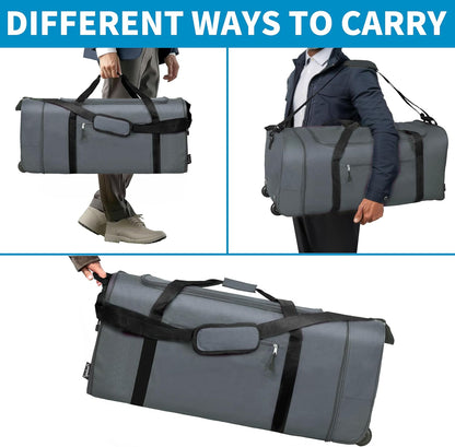 Finnhomy 100L Foldable Rolling Duffel Bag with 2 Wheels, Light Weight Travel Duffel bag with Large Loading Capacity, 32 inch Rolling Duffel bag with Shoulder Strap for Travel Camping Sports, Grey