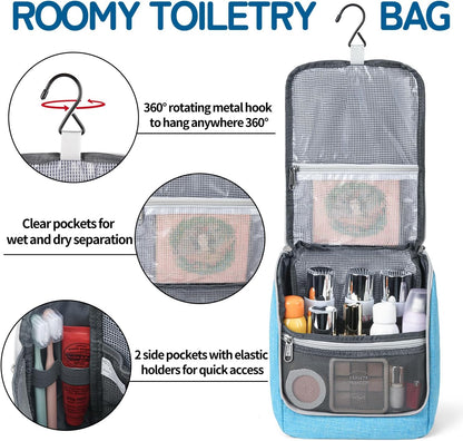 Della Gao Hanging Toiletry Bag for Men & Women, Portable Travel Cosmetic Makeup Bag Toiletries Organizer Kit, Water Resistant Bathroom Bag, Blue