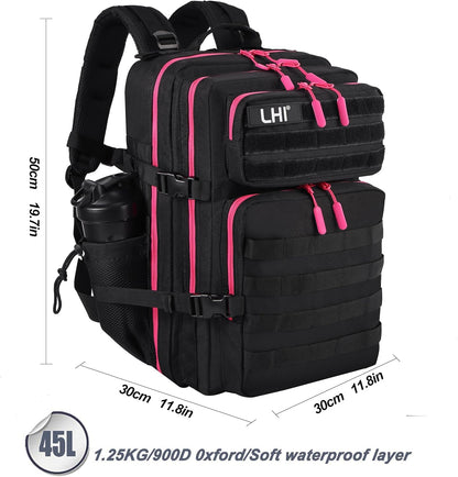 LHI Military Tactical Backpack for Men and Women 45L Army 3 Days Assault Pack Bag Large Rucksack with Molle System - Black with red zipper