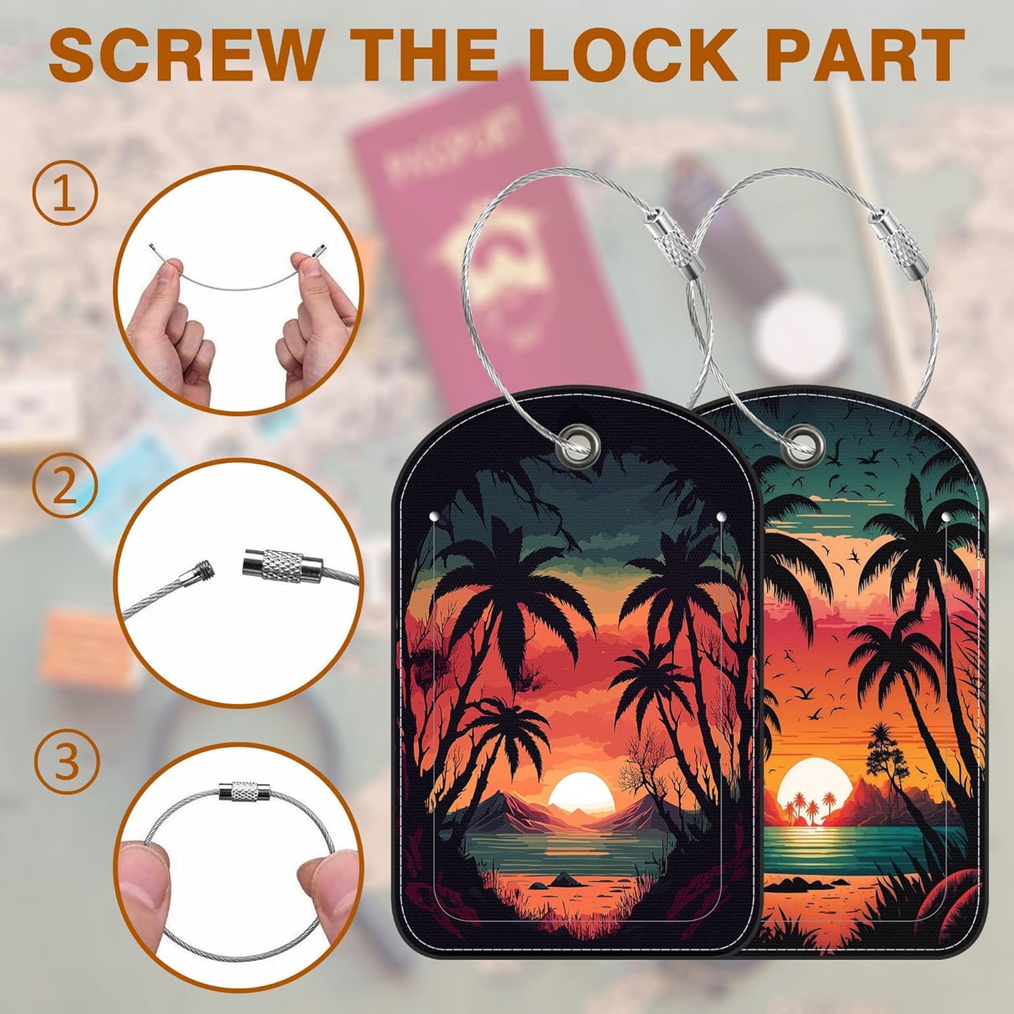 Sunset Mountain Lake Palm Tree Leather Luggage Tag for Suitcase 2 Pack Luggage Tag with Privacy Name ID Label and Stainless Steel Loop for Travel Bag Suitcase