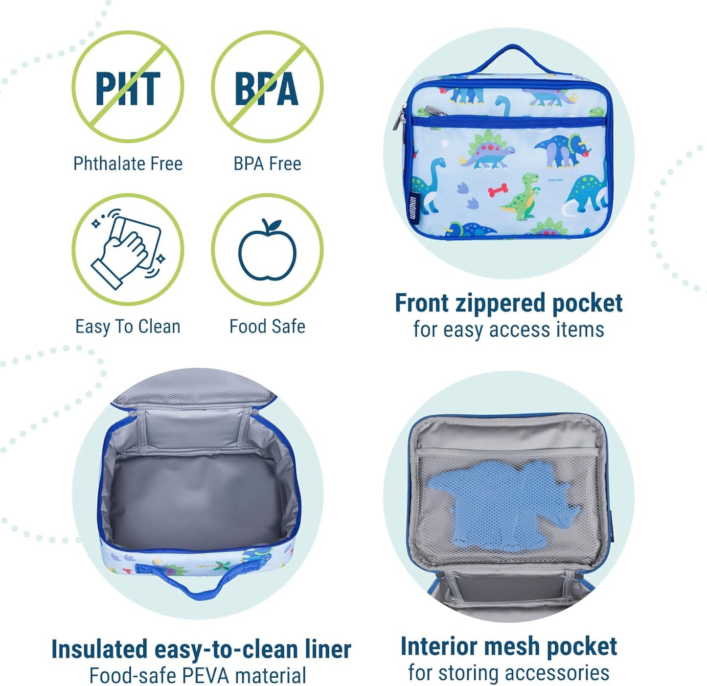 Wildkin Kids Insulated Lunch Box Boys – Durable and Reusable for School & Travel (Dinosaur Land)