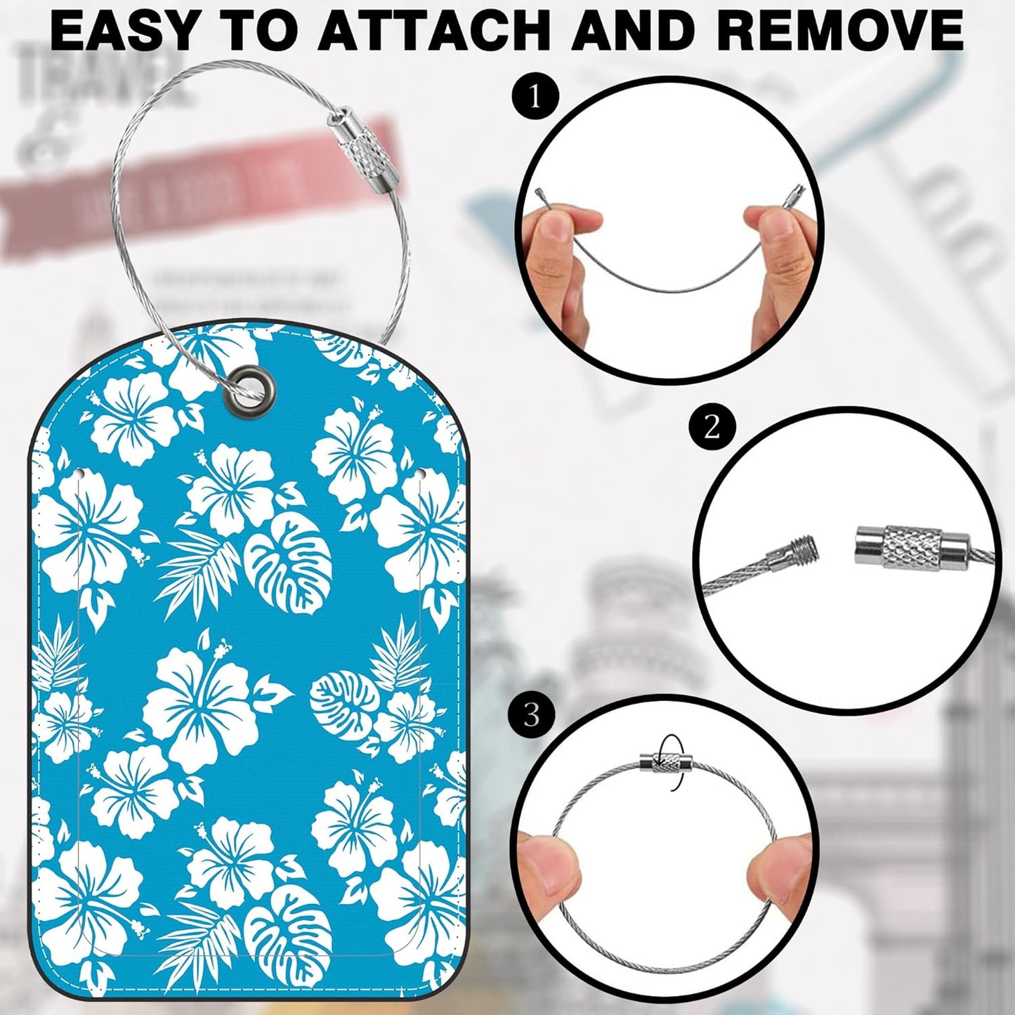 2 PCS Leather Luggage Tags for Suitcase Blue Hibiscus Travel Luggage Tag with Privacy Flap Name ID Label and Metal Loop for Travel Bag Suitcase