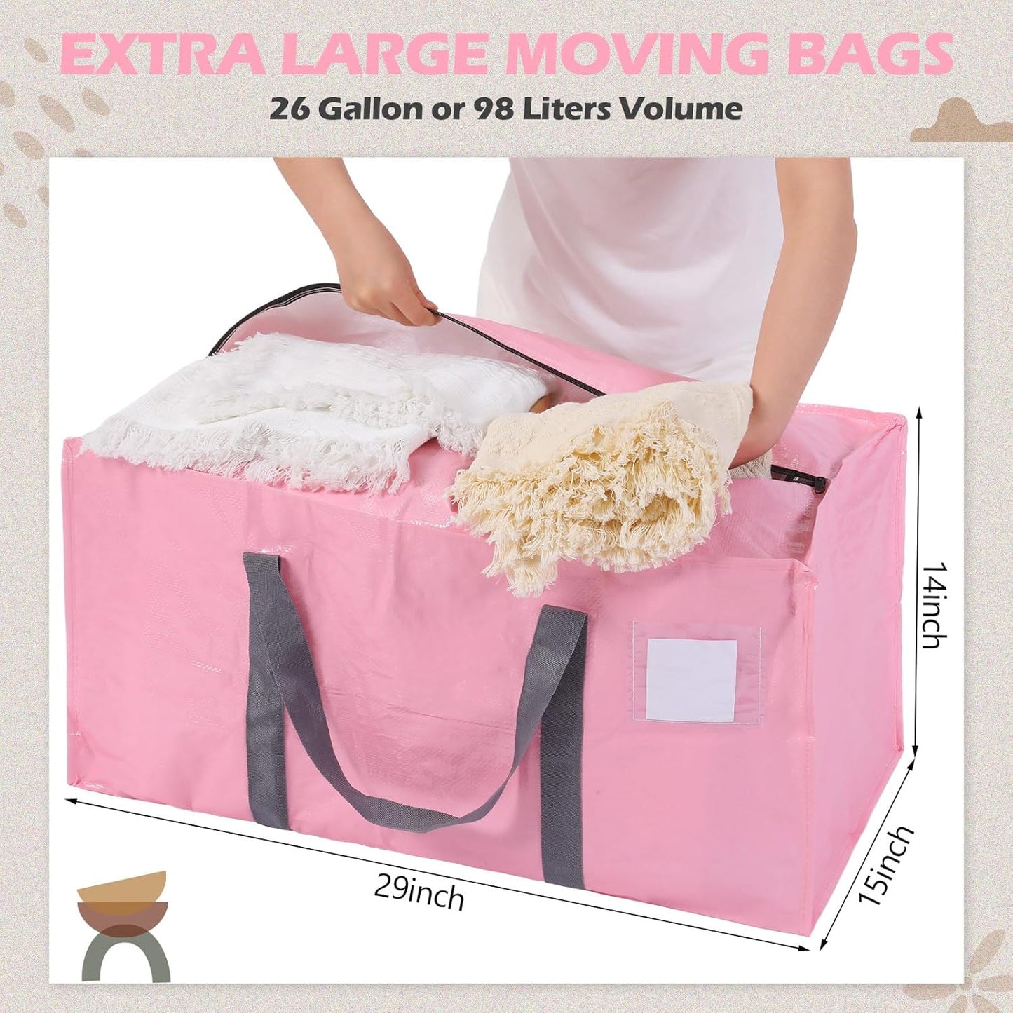 8 Pack Extra Large Moving Bags Heavy Duty Packing Bags with Extra Long Handles and Zippers Storage Totes for College Students Room Dorm Essentials Packing Supplies(Pink)