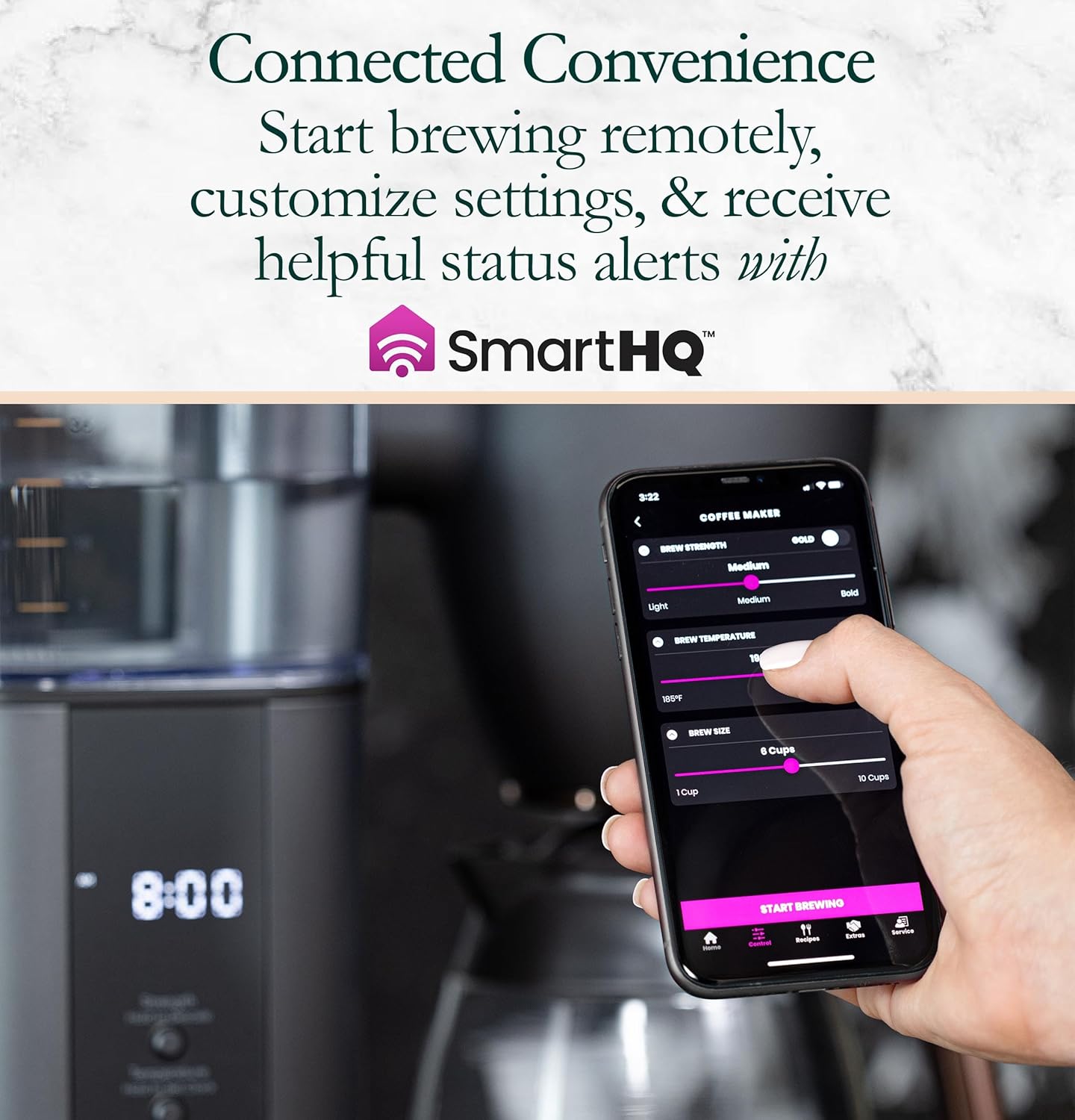 Café Specialty Drip Coffee Maker, 10-Cup Glass Carafe, WiFi Connected Smart Voice-to-Brew, Includes Reusable Filter Basket & Grounds Scooper, Barista-Quality Brew, SCA Certified, Matte Black