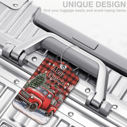 2 Pcs Red and Black Checkered Christmas Tree Luggage Tags for Suitcases PU Leather Truck Baggage Tags Name ID Label with Privacy Cover and Stainless Steel Loop for Men Women Travel Bag Suitcase