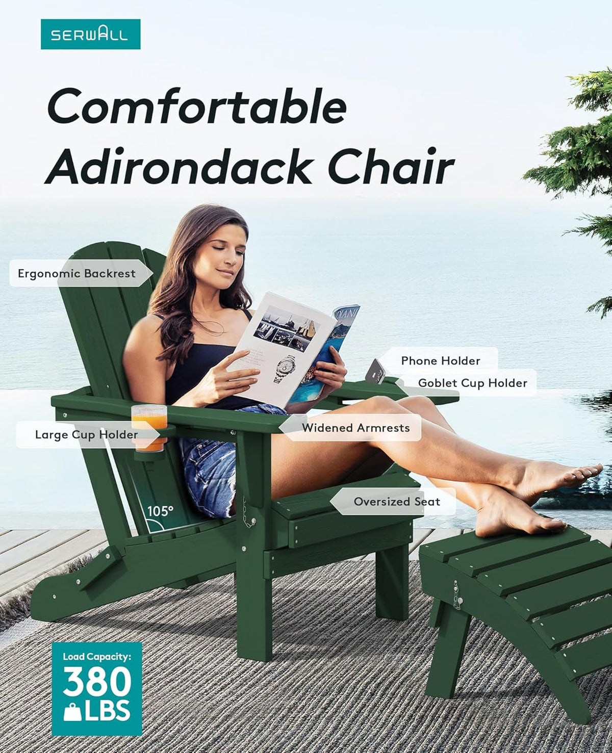 SERWALL Adirondack Chair with Cup Holders - Composite Adirondack Chairs Set of 4 HDPE Outdoor Chairs All Weather Use- Green