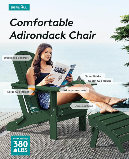 SERWALL Adirondack Chair with Cup Holders - Composite Adirondack Chairs Set of 6 HDPE Outdoor Chairs All Weather Use- Green