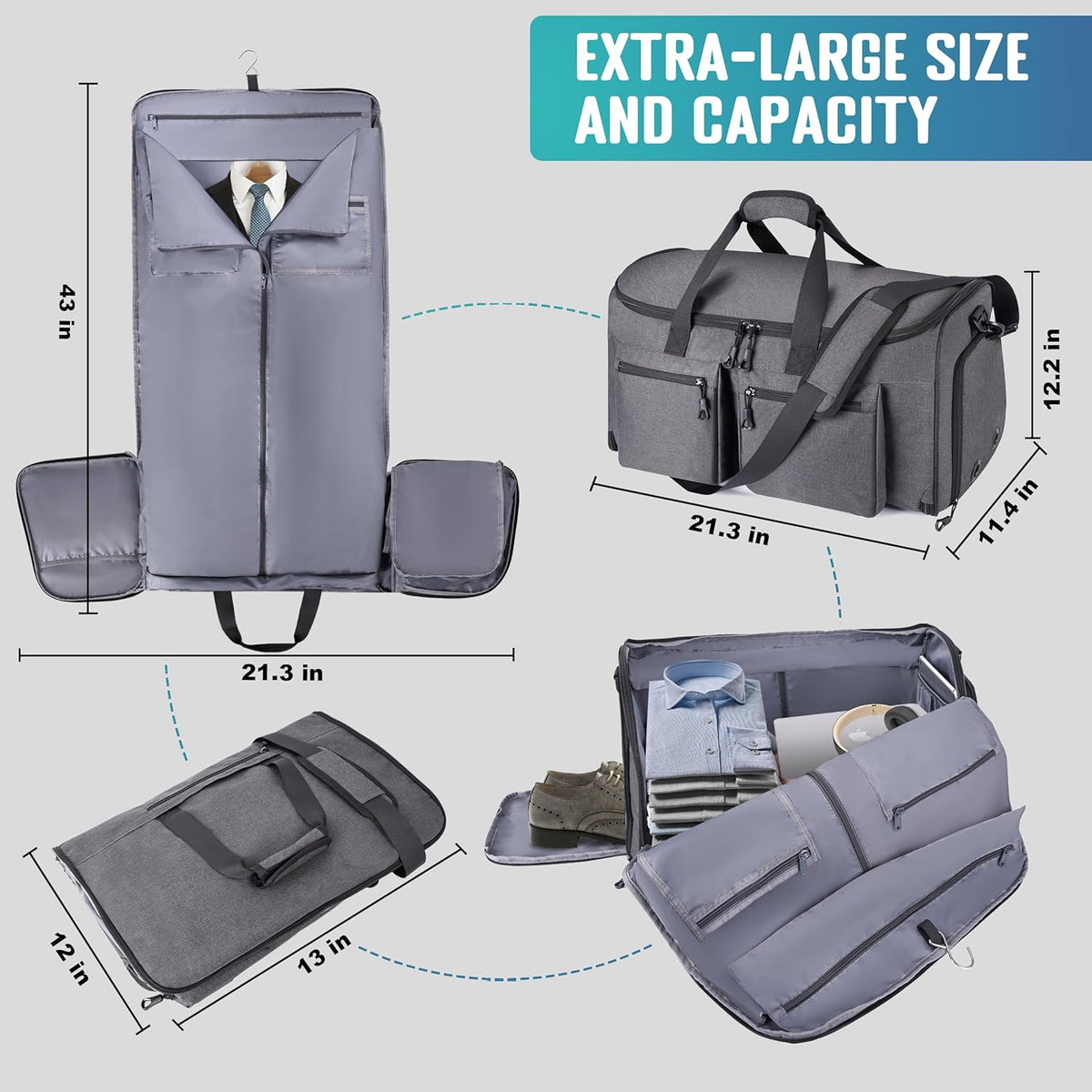 Convertible Garment Duffel Bag with Mesh Storage Bag, Water-Resistance Carry On Garment Bag with Suit Compartment, 2 in 1 Hanging Suit Travel Bag