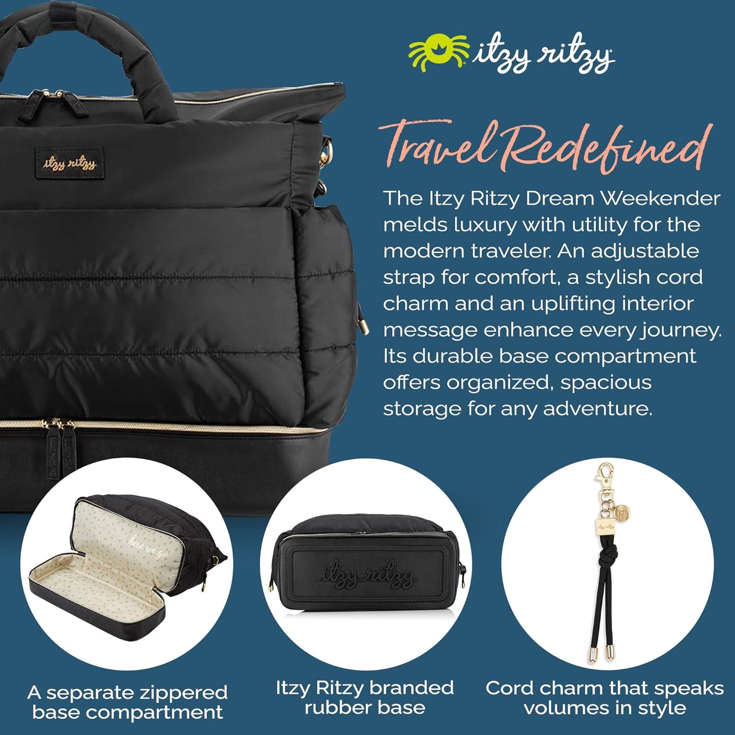 Itzy Ritzy Dream Weekender Travel Bag – Lightweight Overnight Bag with Base Compartment, 12 Pockets, Bottle Holders & Strap