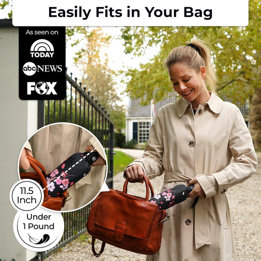 TUMELLA Strongest Windproof Travel Umbrella (Compact, Superior & Beautiful), Small Strong but Light Portable and Automatic Folding Rain Umbrella, Durable Premium Grip, Fits Car & Backpack