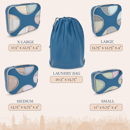 Shacke Premium 5 Packing Cubes Set - Lightweight Mesh Travel Luggage Organizers with Laundry Bag, 5-Piece Suitcase Storage System (Navy)