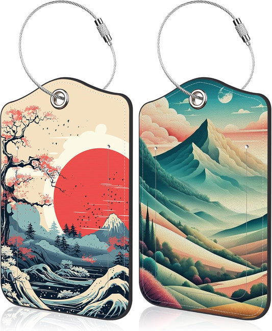 2 Pack Luggage Tags Mountains Clouds Waves Natural Landscape PU Leather Baggage Tag with Privacy Cover Stainless Steel Loop and Name ID Card for Men Women Travel Bag Luggage Accessories