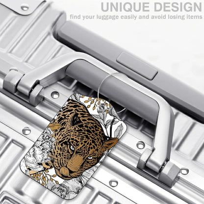 Leopard and Peony Flower Set of 2 Luggage Tags for Suitcases Leather Suitcase Tags Identifiers with Privacy Name Address Label and Stainless Steel Loop for Women Men Travel Luggage Accessories