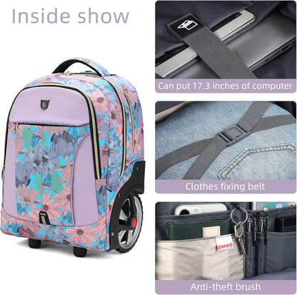 Rolling Backpack,Waterproof Backpack with Wheels for Business and Travel Commuter, Carry on Backpack with Laptop Compartment, Fit 17 Inch Laptop, Wheeled Backpack for Adults