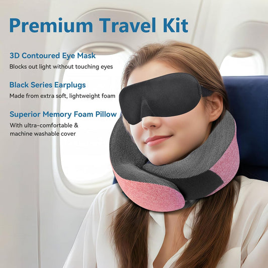 Pink Airplane Travel Pillow Set, 100% Pure Memory Foam Neck Pillow, Updated Material, Long Flight Travel Kit with 3D Contoured Eye Masks, Earplugs, and Luxury Bag