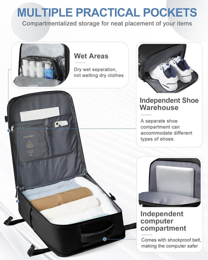 coowoz Large Travel Backpack Carry On for Women Man Black Waterproof Gym Backpacks with Laptop Compartment Mochila de Viaje Teacher Personal Item Backpack Rucksack Airplane Accessories Must Haves