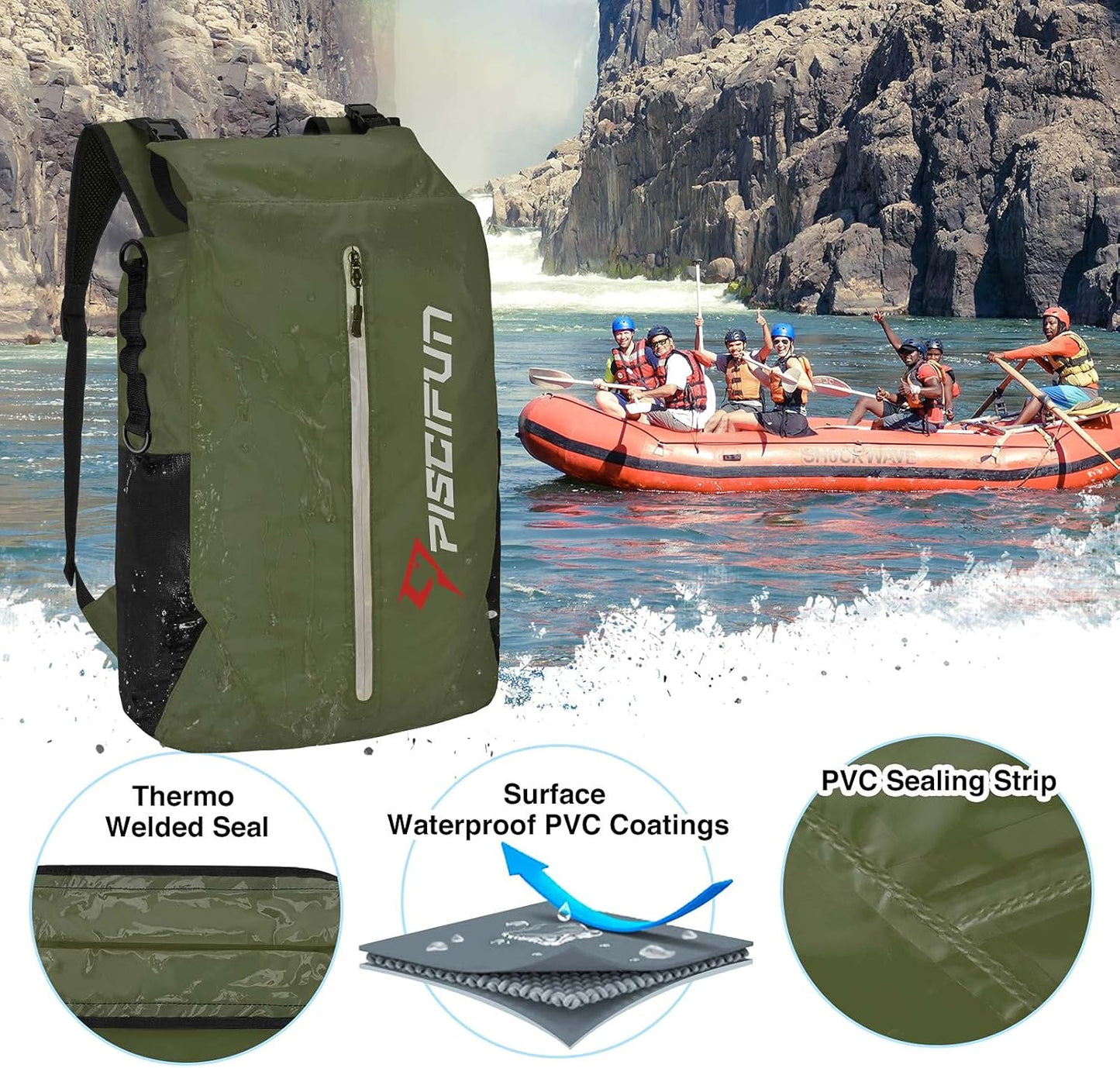 Piscifun Dry Bag Waterproof, Lightweight Dry Backpack Roll-Top Sealed with Waist Pouch and Phone Case Keeps Gear Dry Inside for Kayaking, Boating 10L 20L 30L