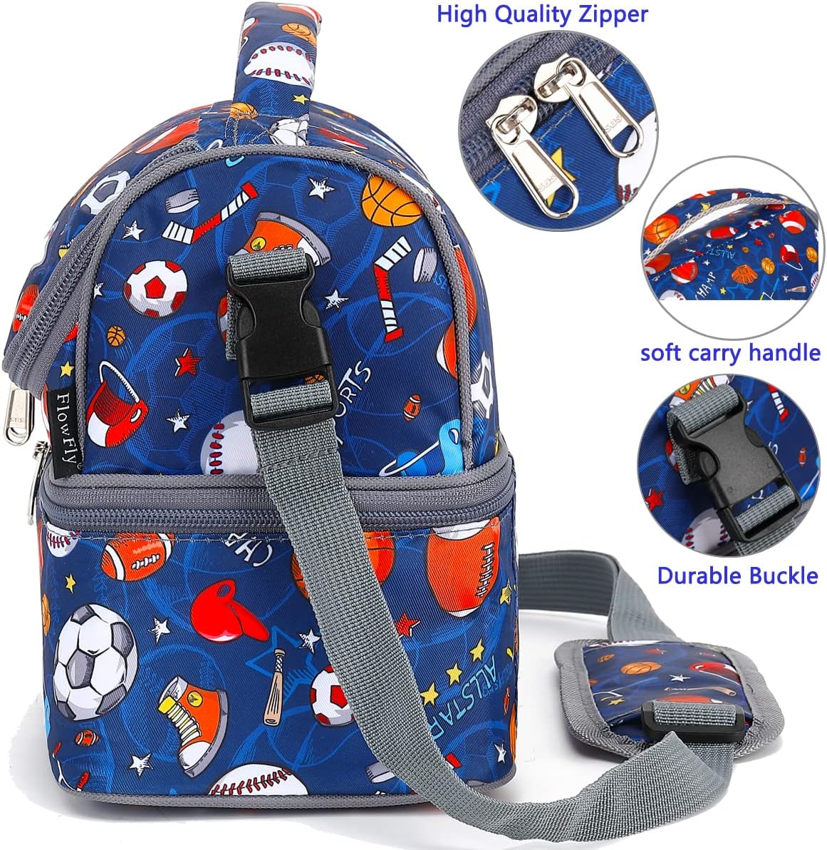 FlowFly Double Decker Cooler Insulated Lunch Bag Large Tote for Boys, Girls, Men, Women, With Adjustable Strap, Football