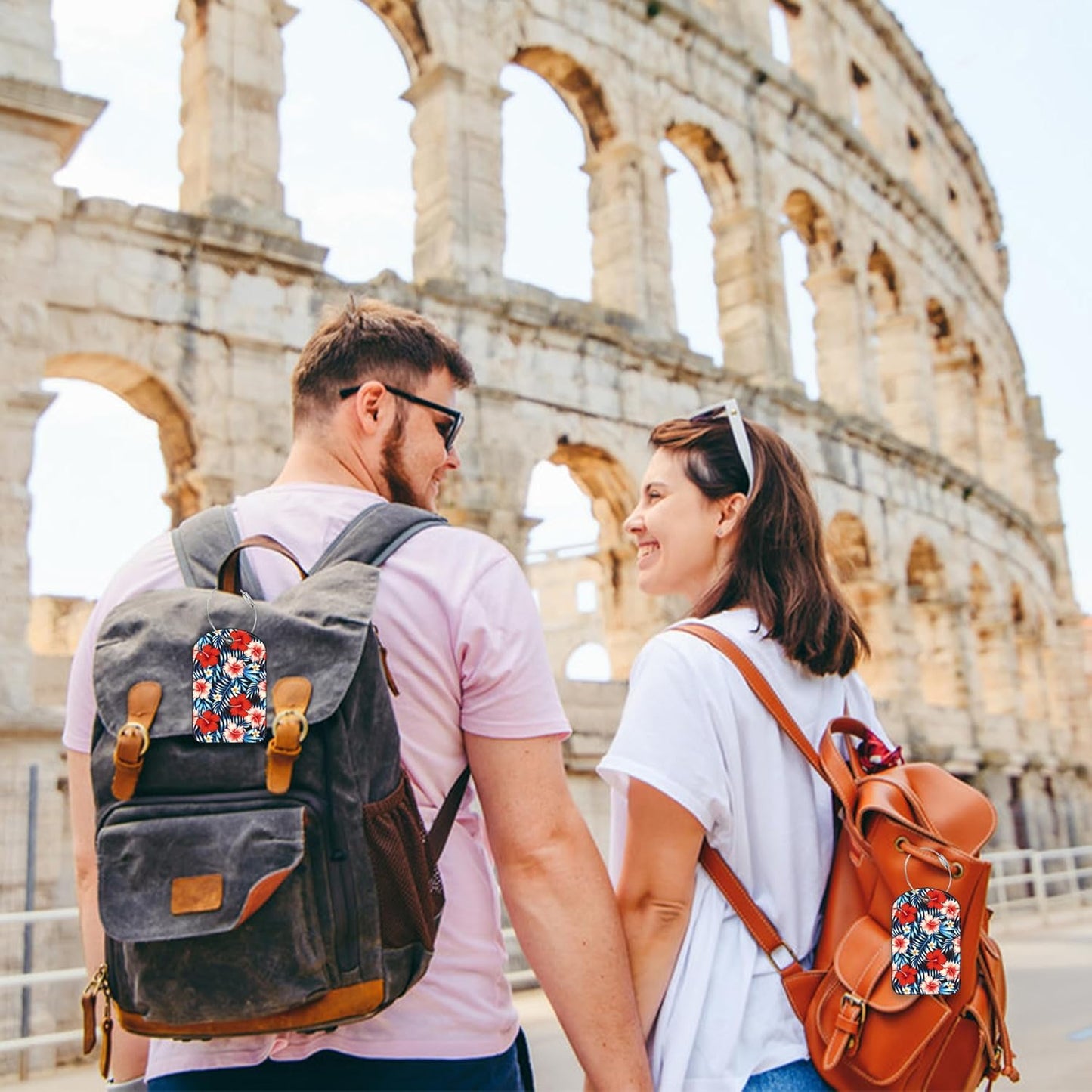 2 PCS Leather Luggage Tag for Suitcase Palm Leaves and Hibiscus Flower Travel Suitcase Labels with Privacy Name ID Label and Stainless Steel Loop for Adults Teens Travel Bag Labels Set