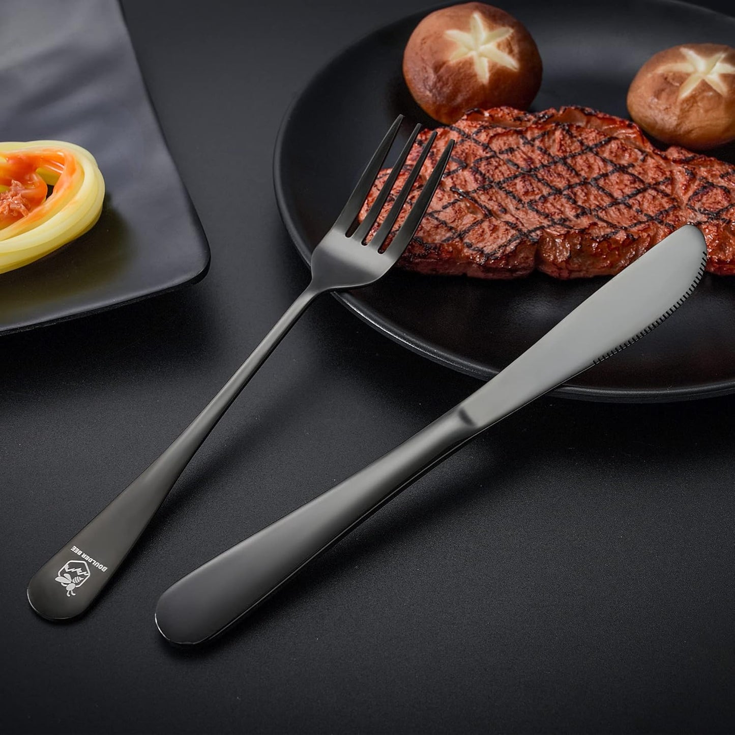 Boulder Bee | Travel Utensils Set | Reusable Camping Cutlery Set | Stainless Steel Flatware Set | Portable Silverware Set with Case | Includes Knife/Fork/Spoon/Straw/Cleaning Cloth/Case (Black)