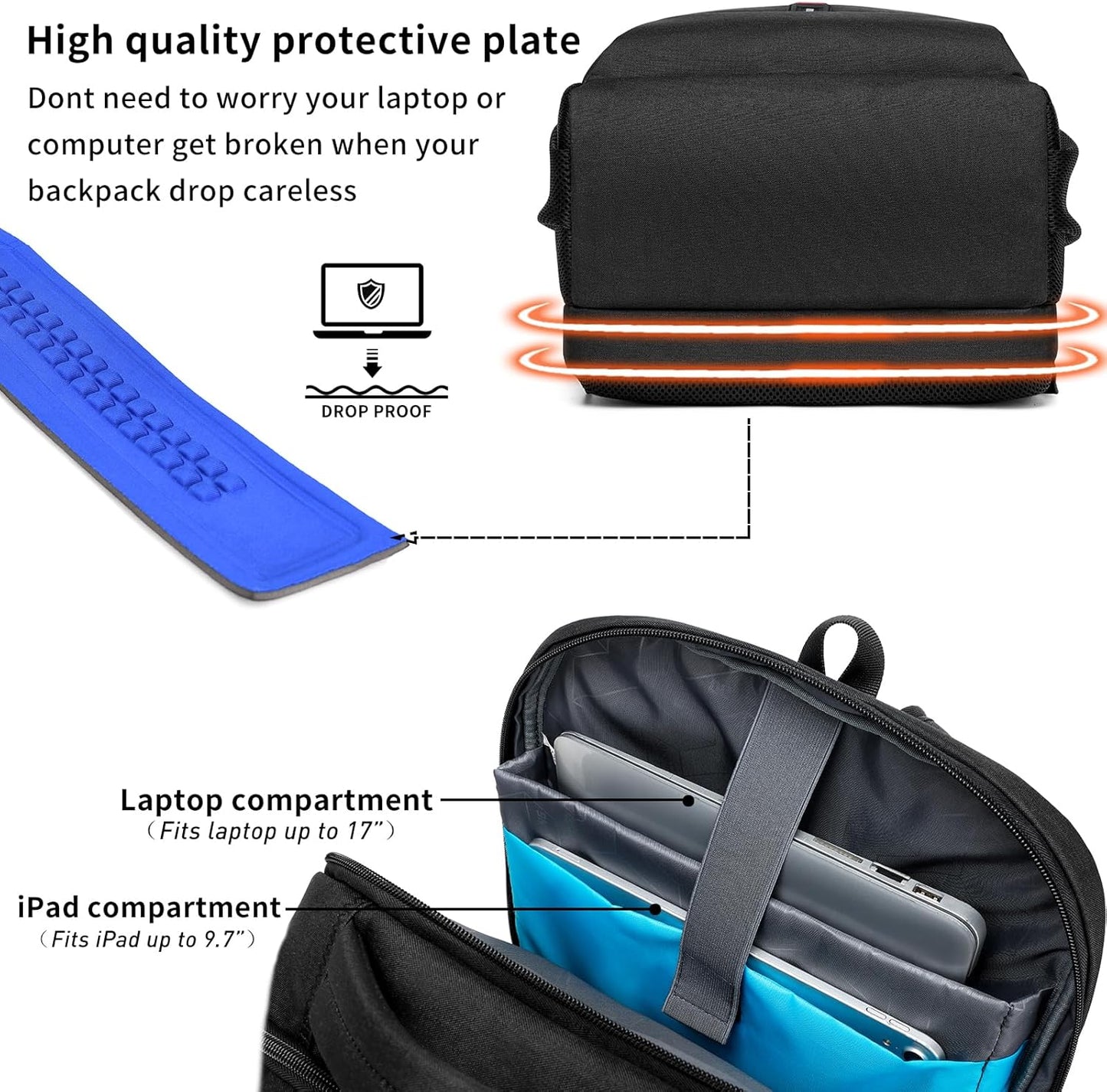 DUSLANG 17 Inch Laptop Backpack for Travel with Backpack Rain Cover College Backpack for Men Laptop Bag with USB Charging Port,Black