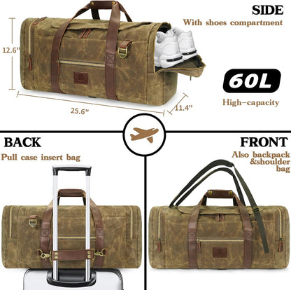 60L Travel Bags for Men, Nomad Washed Canvas Duffle Bag Vintage Genuine Leather Travel Duffel Bag Multifunctional Weekender Overnight Backpack with Shoes Compartment