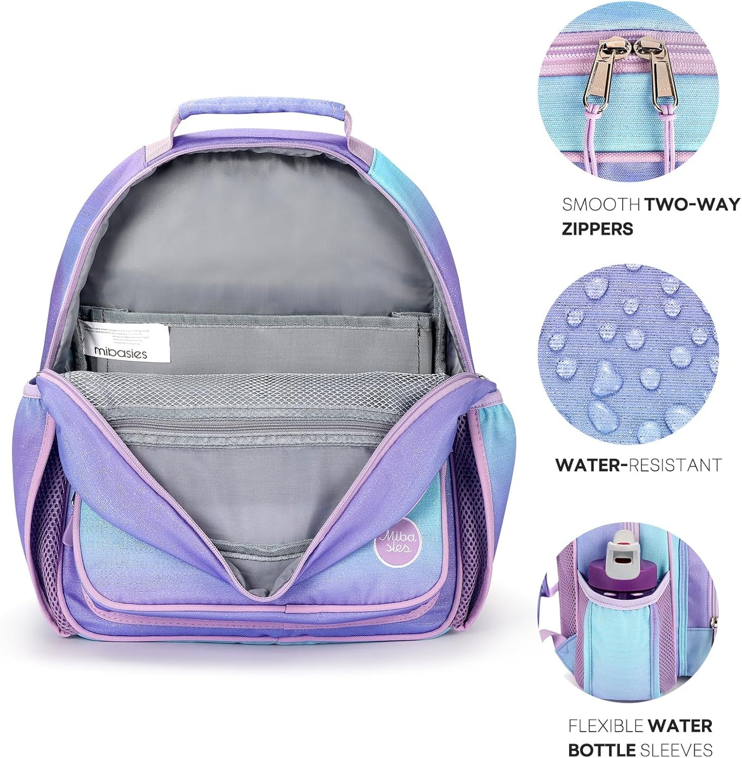 mibasies Girls Backpack 5-8: Lightweight Kids Backpacks for Girls - Girl Bookbag for Elementary School - Gradient Purple