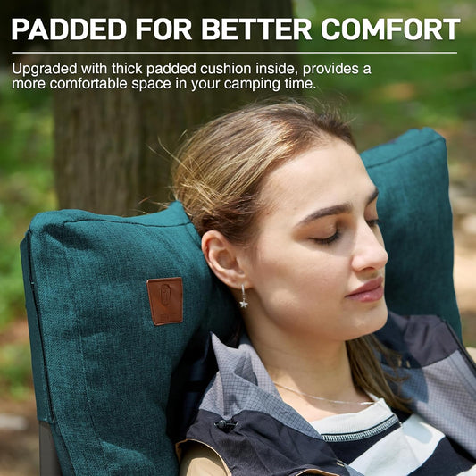 EVER ADVANCED Padded Oversized Folding Camping Chair for Adults, Heavy Duty Lawn Chair with Side Pockets, Portable Collapsible Quad Chair for Outside, Support Up to 500lbs, Green
