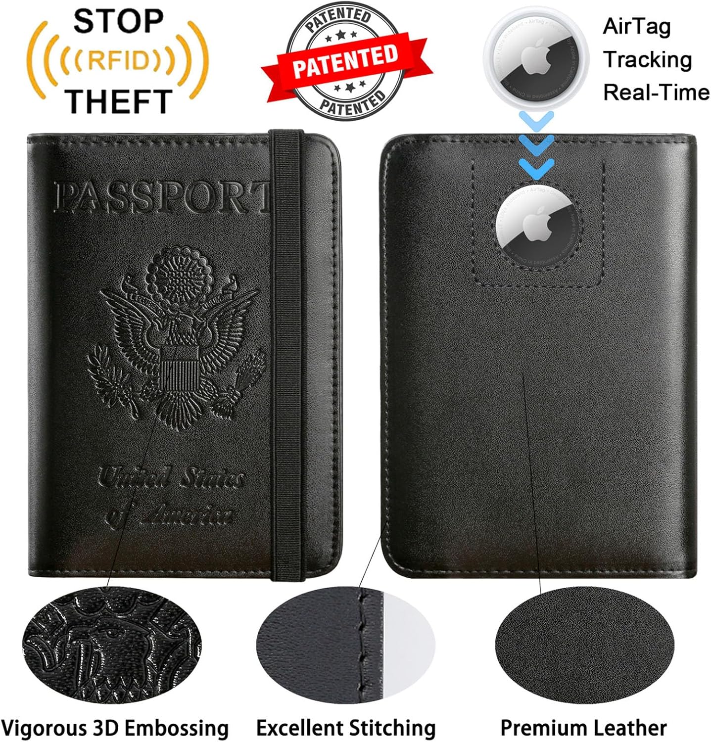 Airtag Passport Holder Cover Wallet Travel Essentials RFID Blocking Leather Card Case International Must Haves Travel Accessories for Women Men(119#Black)