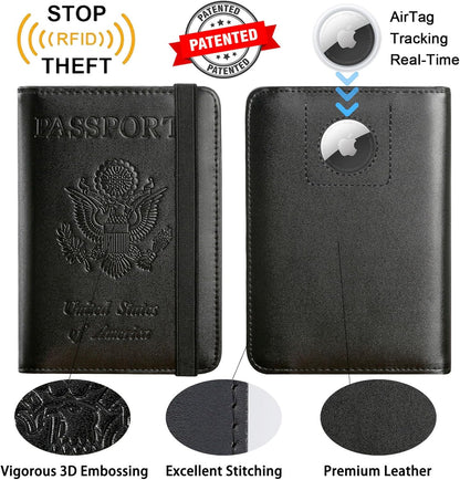 Airtag Passport Holder Cover Wallet Travel Essentials RFID Blocking Leather Card Case International Must Haves Travel Accessories for Women Men(119#Black)