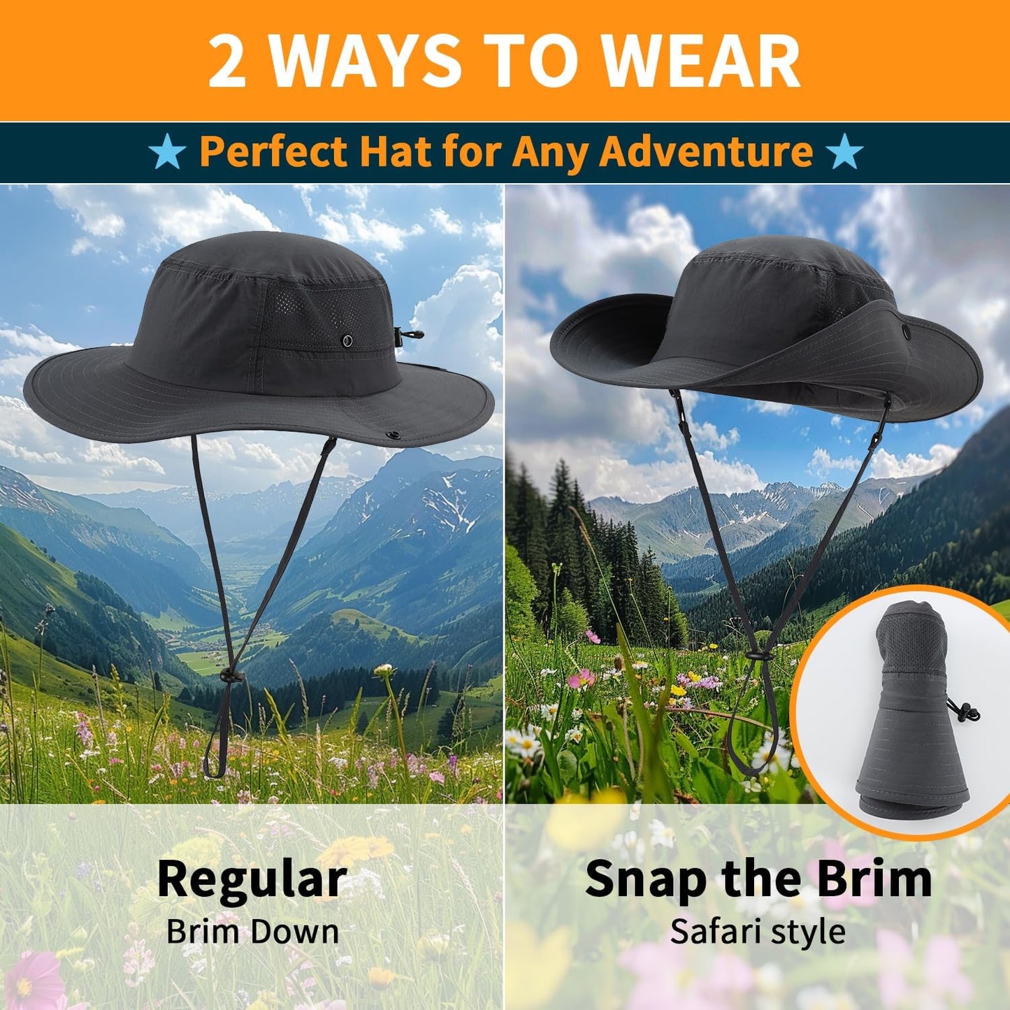 Home Prefer UPF50+ Mens Sun Hat Wide Brim Womens UV Protection Beach Bucket Hat for Fishing Hiking Snap Up Cowboy Hat
