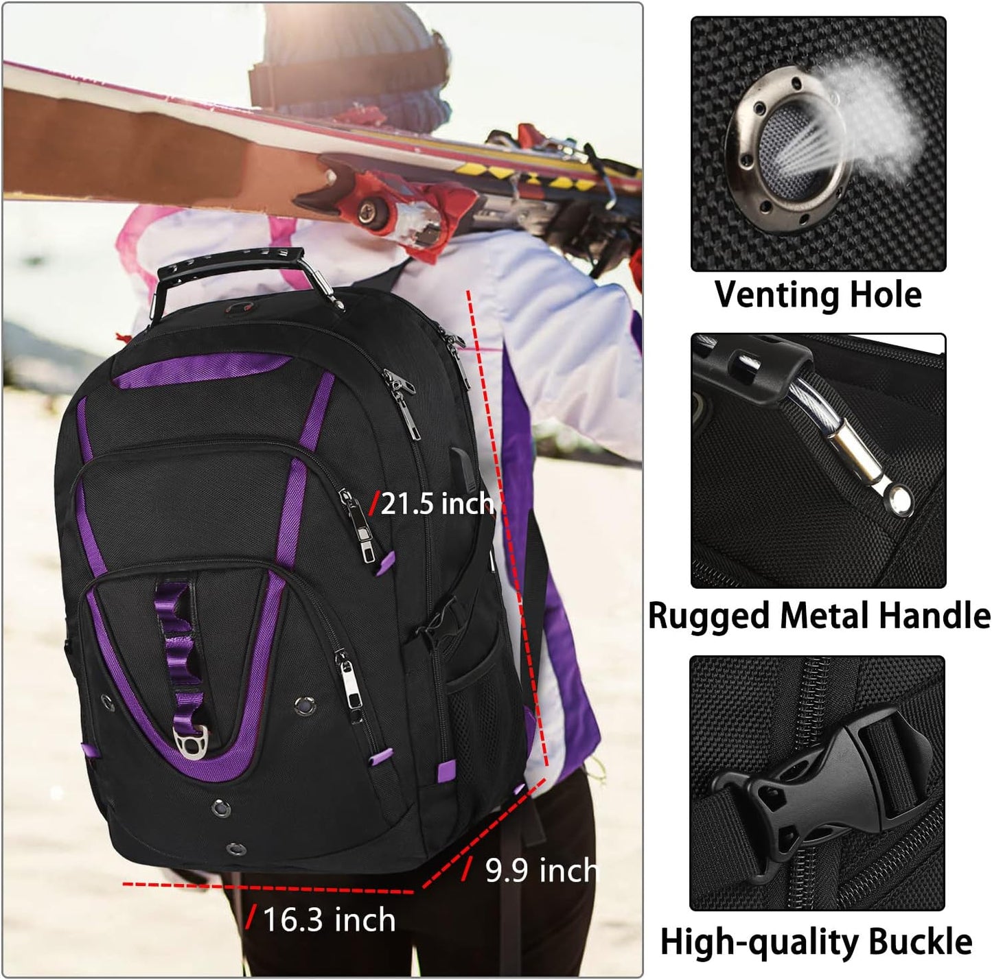 18.4 inch Travel Backpack Men Women, 55-60L Extra Large Laptop Backpack RFID Anti Theft TSA Friendly Flight Approved Backpacks, Water Resistant College School Heavy Duty With USB Charging Port, Purple