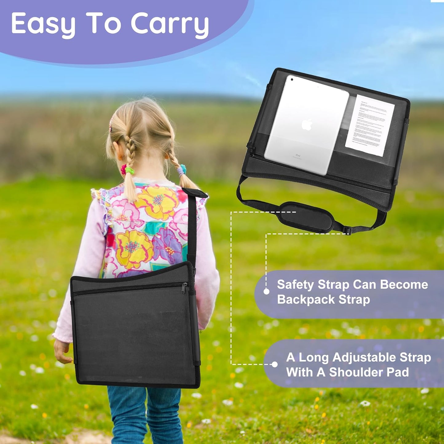 2Pcs ‎Kids Travel Tray, Kids Travel Trays for Car Seat, Road Trip Essentials for Toddler, Carseat Lap Tray with Dry Erase Board & Storage Organizer for Road Trip Activities for Kid, Black