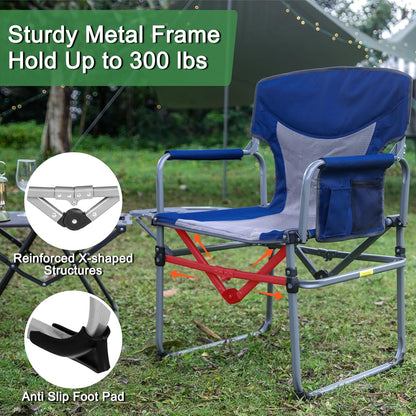 Romswi 2PK Folding Director Chairs, Camping Chair for Outdoor, Compact Directors Chair with Side Table Side Bag, Heavy Duty Oversize Seat for Beach Fishing Picnic Chairs, Holds up to 300 lbs Blue
