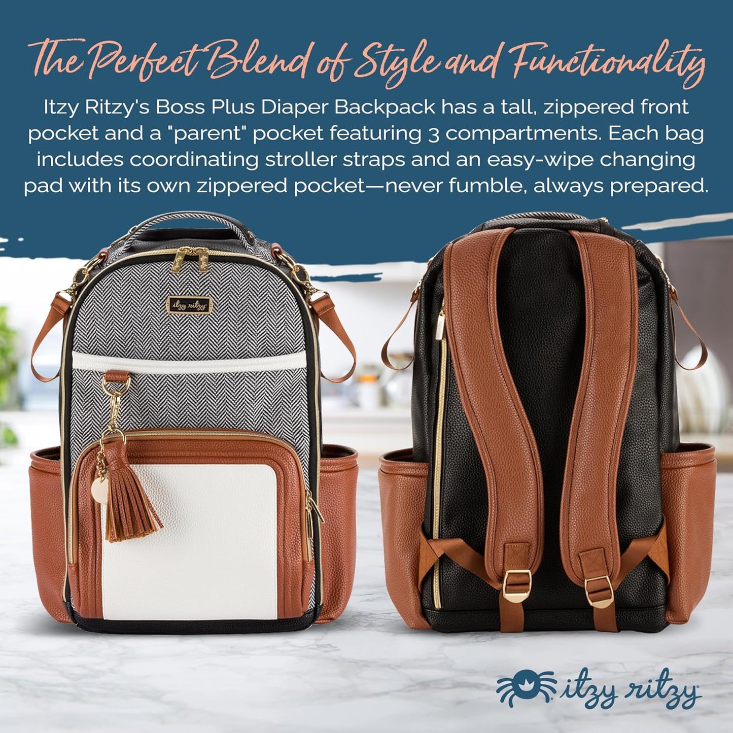 Itzy Ritzy Diaper Bag Backpack – Large Capacity Boss Plus Baby Backpack Diaper Bag Featuring 19 Pockets, Changing Pad, Stroller Clips, and Comfortable Straps (Coffee & Cream)