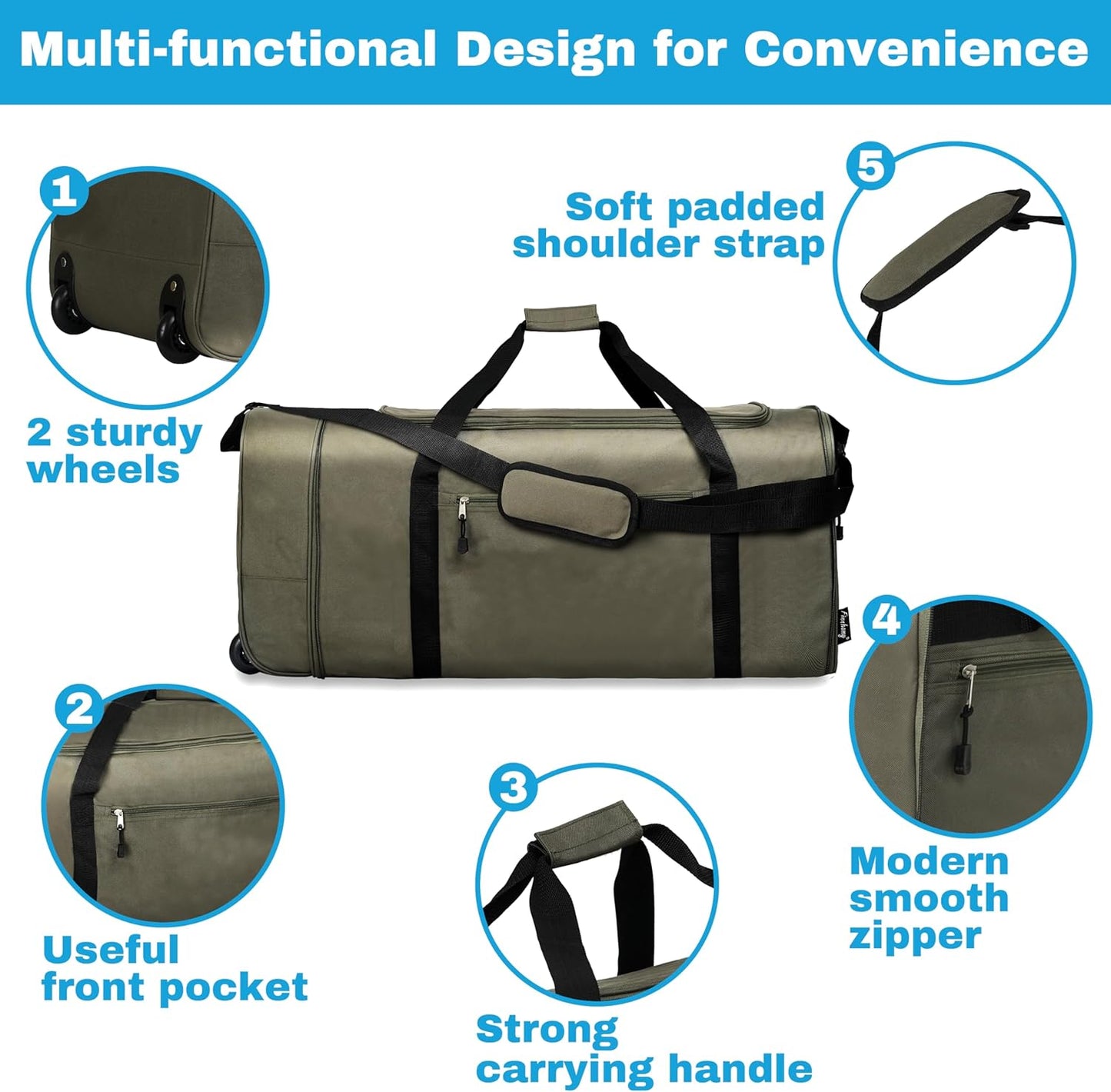 Finnhomy 100L Foldable Rolling Duffel Bag with 2 Wheels, Light Weight Travel Duffel bag with Large Loading Capacity, 32 inch Rolling Duffel bag with Shoulder Strap for Travel Camping Sports, Green