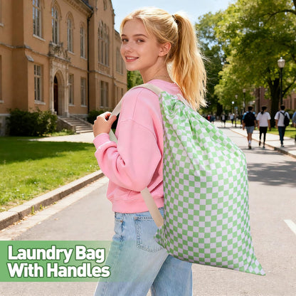 Laundry Bag, Dirty Backpack Laundry Bag For College Travel Laundromat Apartment, With Handles 29" X 18" (Green White Checkered)