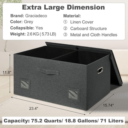 75 Quarts Extra Large Decorative Storage Bins with Lids, 3 Packs Dark Gray Collapsible Storage Bins with Lids, Stackable Storage Bins Decorative Box Storage With Lid Extra Large