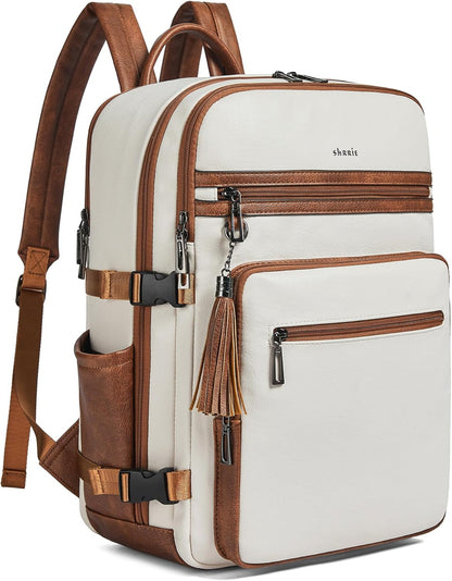 Shrrie Laptop Backpack for Women,Vegan Leather Backpack Work Computer Backpacks fits 16" Laptop,Water Resistant Teacher Nurse Casual Daypack for Weekender Camping Travel,Beige with Brown