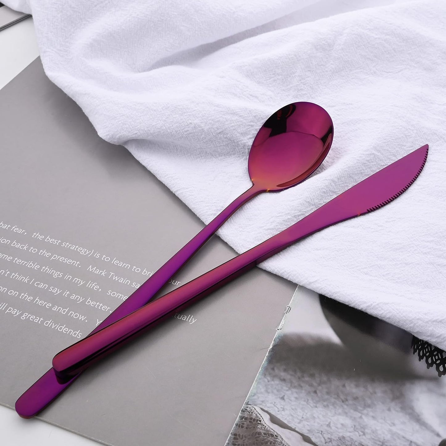 20 Pieces Silverware Set 304 Stainless Steel, Healthy & Eco-Friendly Silver Travel Mirror Polished Purple Knife Fork Spoon Salad Fork Dessert Spoon Flatware Set, Service for 4