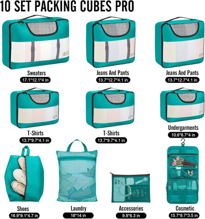 Veken 10 Set Packing Cubes for Kids & Toddler, Airplane Travel Essentials, Beach Vacation & Road Trip Suitcase Organizer Bags Set for Luggage, with Hanging Toiletry & Shoe Bag