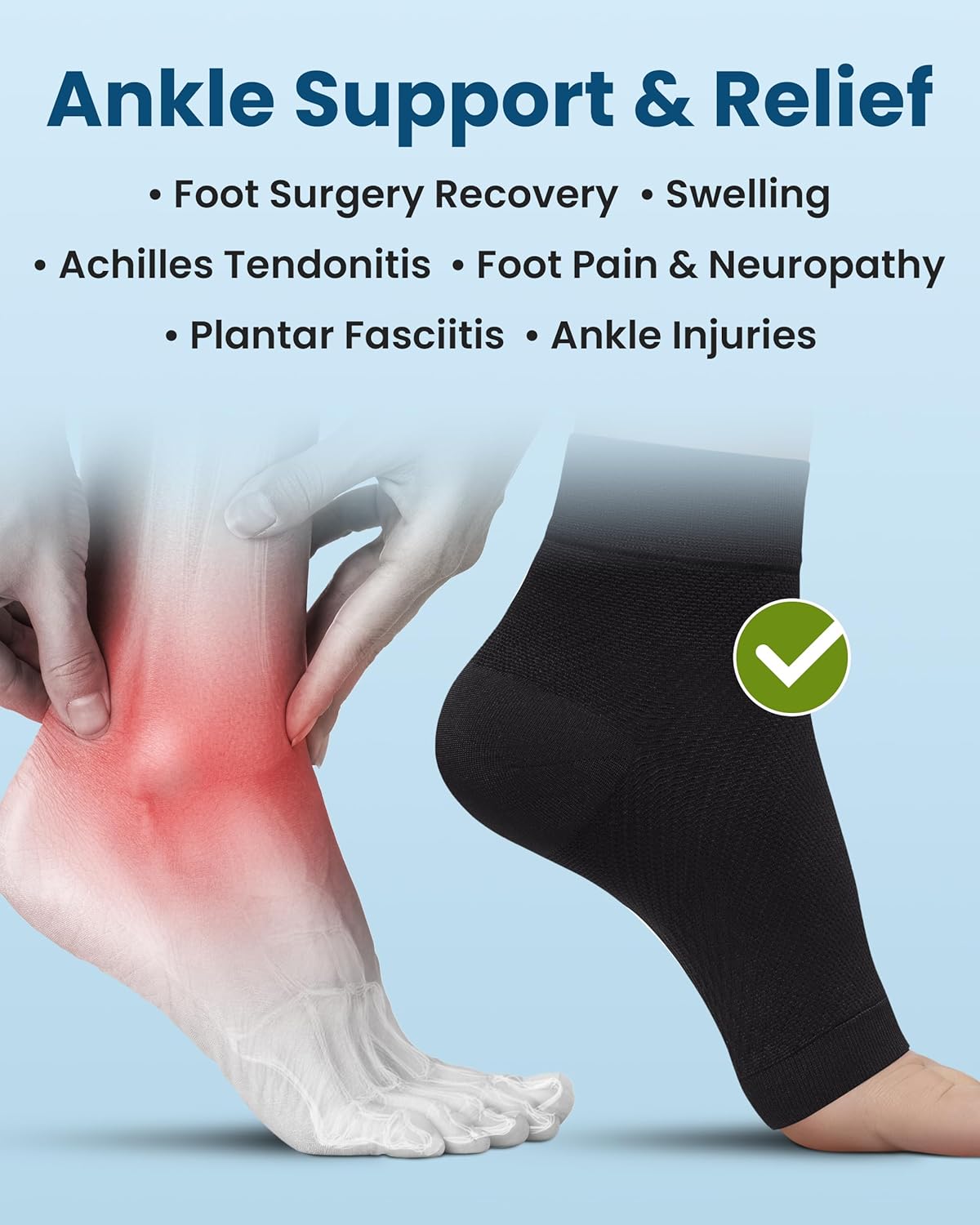 KEMFORD Ankle Compression Sleeve with Cooling Effect - Plantar Fasciitis Braces - Open Toe Compression Socks for Swelling, Sprain, Neuropathy, Arch Support for Men and Women - M, Black