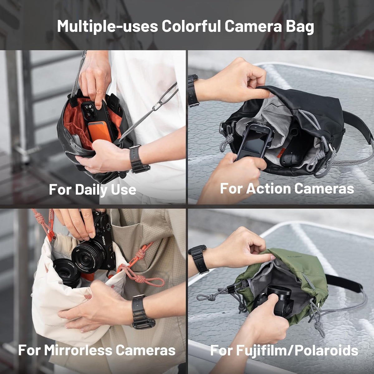 PGYTECH OneGo Drawstring Small Camera Bag, Leather Soft Camera Pouch compatible with Mirrorless Cameras/Nikon/Canon/Sony/Fuji Camera Case