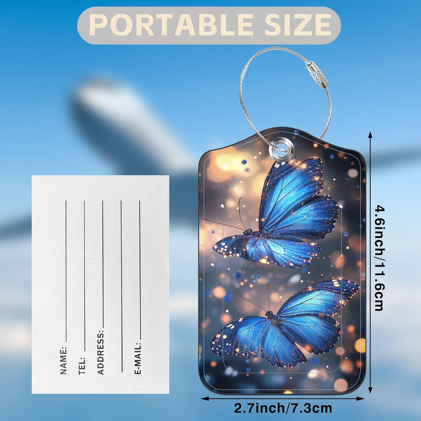 2 Pcs Blue Butterfly Luggage Tags for Suitcases PU Leather Baggage Tags Name ID Label with Privacy Cover and Stainless Steel Loop for Men Women Travel Bag Suitcase