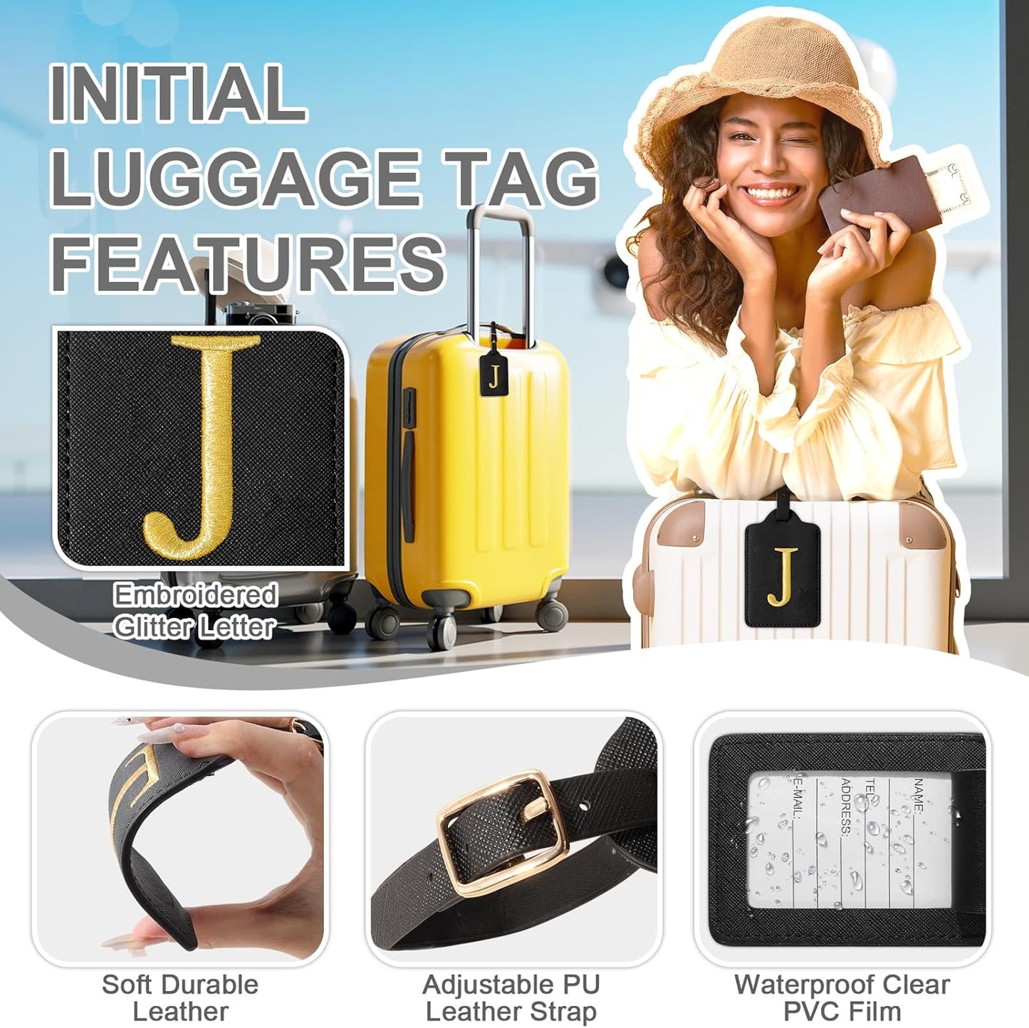 Personalized Initial Luggage Tags for Suitcase TSA Approved, Black Leather Cute Luggage Tag with Privacy Cover Name Card, Embroidered Custom Luggage Tags Travel Backpack Tags Gifts for Women Kids(J)