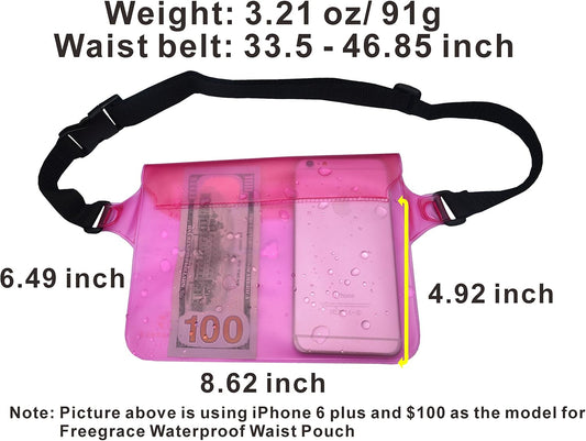 Freegrace Waterproof Pouches with Waist Strap / Pouch Case Bundle Set- Keep Your Phone & Valuables Dry and Safe - Waterproof Dry Bags for Boating Swimming Snorkeling Kayaking Beach Water Parks Pool